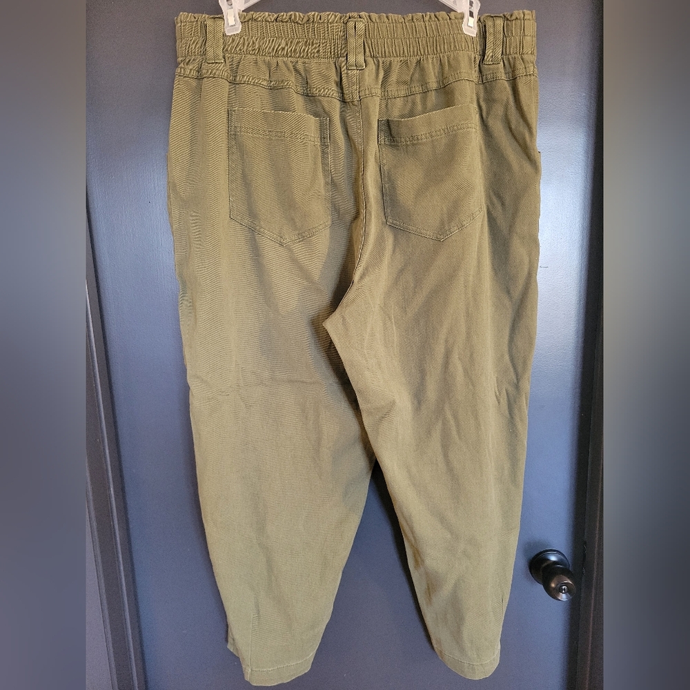 XXL wide leg paper bag style pant with button fly in army/olive green